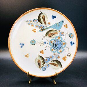 Vintage Ken Edwards Tonala Pottery Plate, Blue Bird Butterfly Florals Folk Art